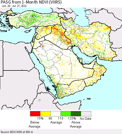 Middle East and Turkey PASG from 1-Month NDVI (VIIRS) Thematic Map For 7/20/2022 - 7/27/2022