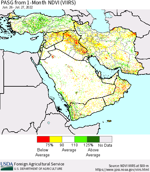 Middle East and Turkey PASG from 1-Month NDVI (VIIRS) Thematic Map For 7/21/2022 - 7/31/2022