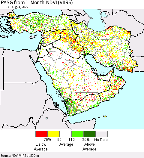 Middle East and Turkey PASG from 1-Month NDVI (VIIRS) Thematic Map For 7/28/2022 - 8/4/2022