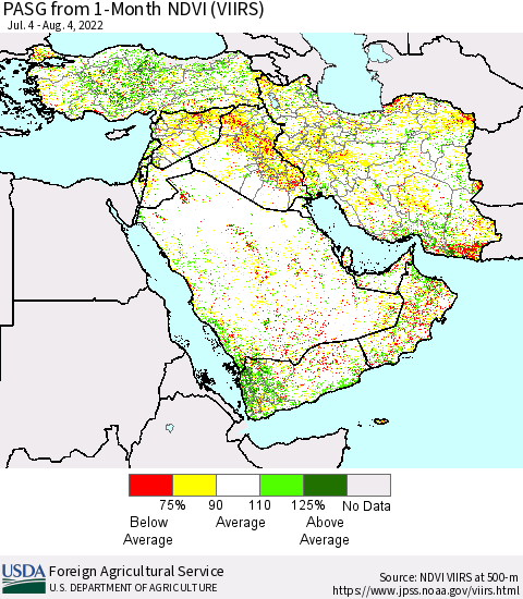 Middle East and Turkey PASG from 1-Month NDVI (VIIRS) Thematic Map For 8/1/2022 - 8/10/2022