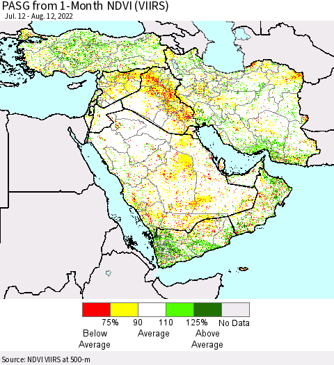 Middle East and Turkey PASG from 1-Month NDVI (VIIRS) Thematic Map For 8/5/2022 - 8/12/2022