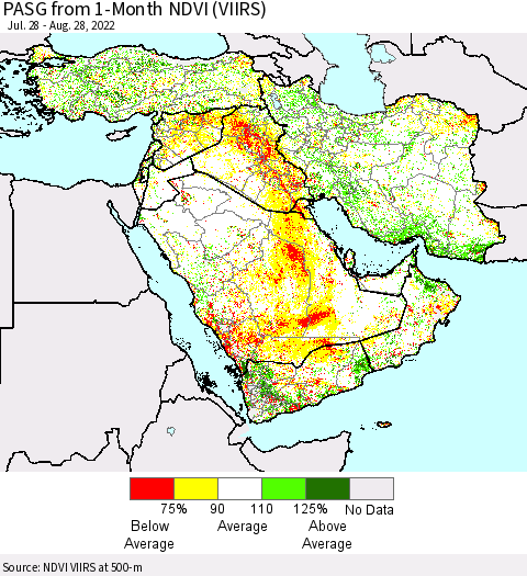 Middle East and Turkey PASG from 1-Month NDVI (VIIRS) Thematic Map For 8/21/2022 - 8/28/2022