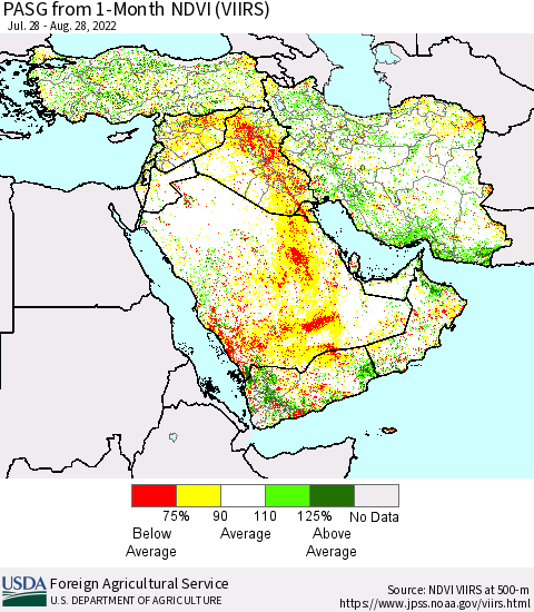 Middle East and Turkey PASG from 1-Month NDVI (VIIRS) Thematic Map For 8/21/2022 - 8/31/2022