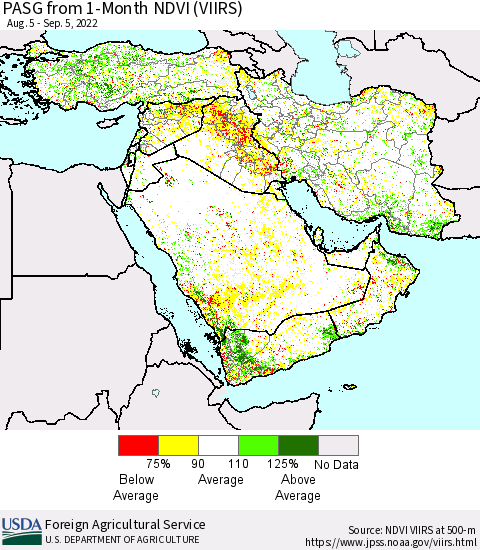 Middle East and Turkey PASG from 1-Month NDVI (VIIRS) Thematic Map For 9/1/2022 - 9/10/2022