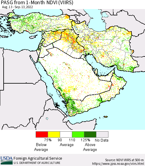 Middle East and Turkey PASG from 1-Month NDVI (VIIRS) Thematic Map For 9/11/2022 - 9/20/2022