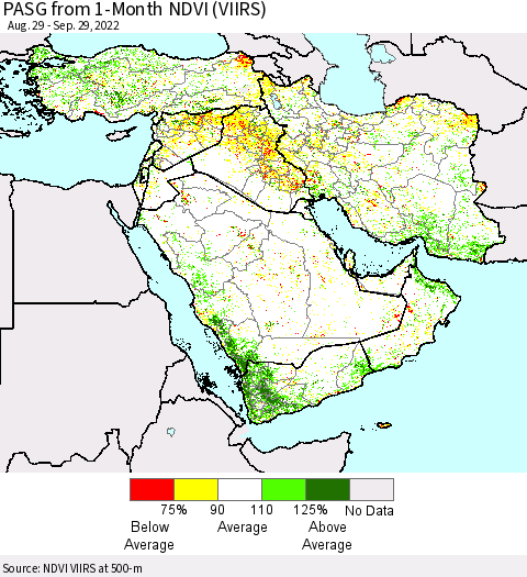 Middle East and Turkey PASG from 1-Month NDVI (VIIRS) Thematic Map For 9/22/2022 - 9/29/2022