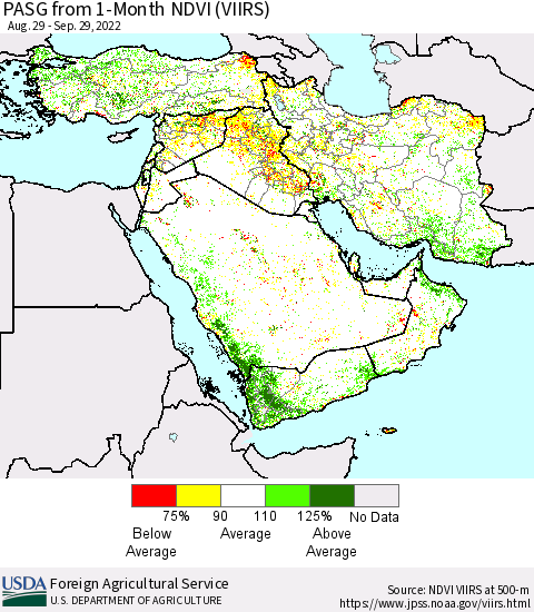 Middle East and Turkey PASG from 1-Month NDVI (VIIRS) Thematic Map For 9/21/2022 - 9/30/2022
