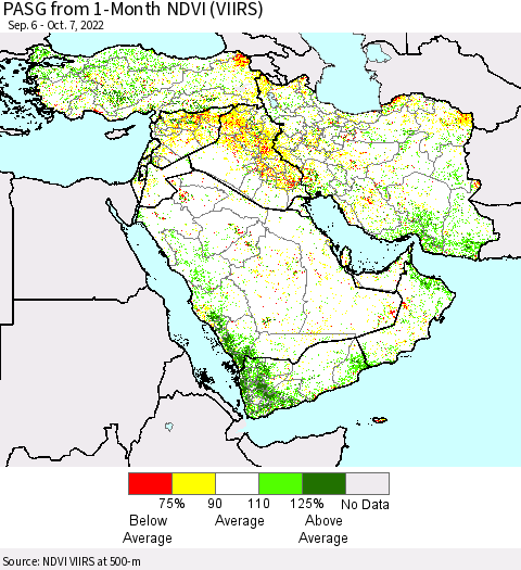 Middle East and Turkey PASG from 1-Month NDVI (VIIRS) Thematic Map For 9/30/2022 - 10/7/2022