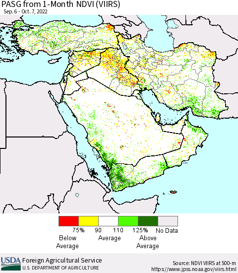 Middle East and Turkey PASG from 1-Month NDVI (VIIRS) Thematic Map For 10/1/2022 - 10/10/2022