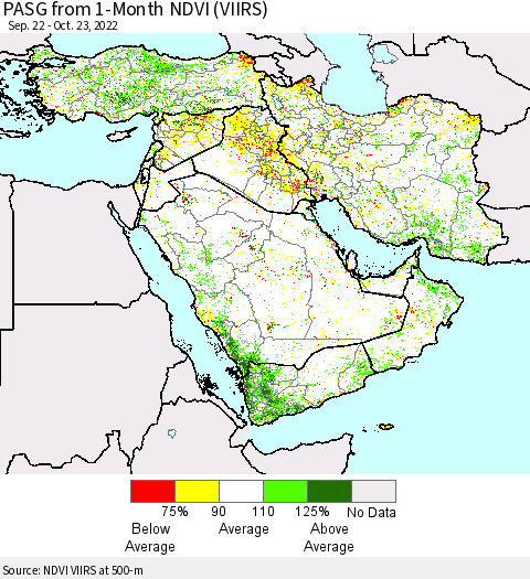 Middle East and Turkey PASG from 1-Month NDVI (VIIRS) Thematic Map For 10/16/2022 - 10/23/2022