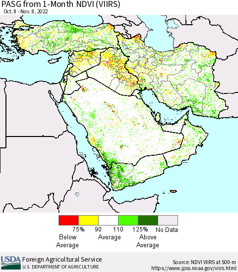 Middle East and Turkey PASG from 1-Month NDVI (VIIRS) Thematic Map For 11/1/2022 - 11/10/2022