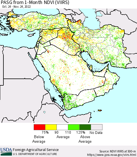 Middle East and Turkey PASG from 1-Month NDVI (VIIRS) Thematic Map For 11/21/2022 - 11/30/2022