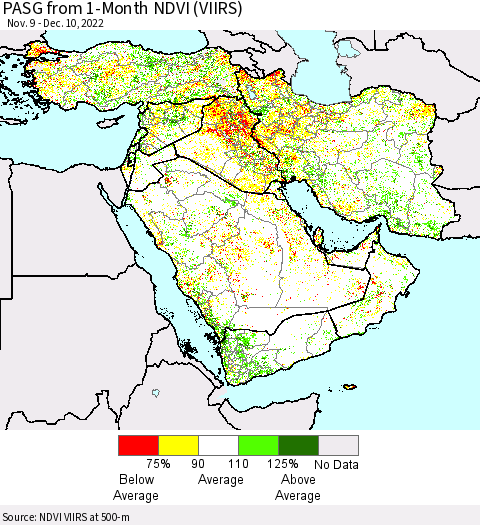 Middle East and Turkey PASG from 1-Month NDVI (VIIRS) Thematic Map For 12/1/2022 - 12/10/2022