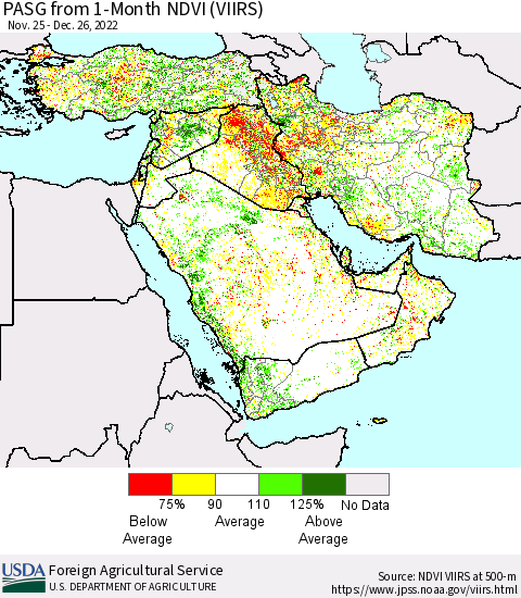 Middle East and Turkey PASG from 1-Month NDVI (VIIRS) Thematic Map For 12/21/2022 - 12/31/2022