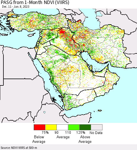 Middle East and Turkey PASG from 1-Month NDVI (VIIRS) Thematic Map For 1/1/2023 - 1/8/2023
