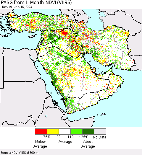 Middle East and Turkey PASG from 1-Month NDVI (VIIRS) Thematic Map For 1/9/2023 - 1/16/2023