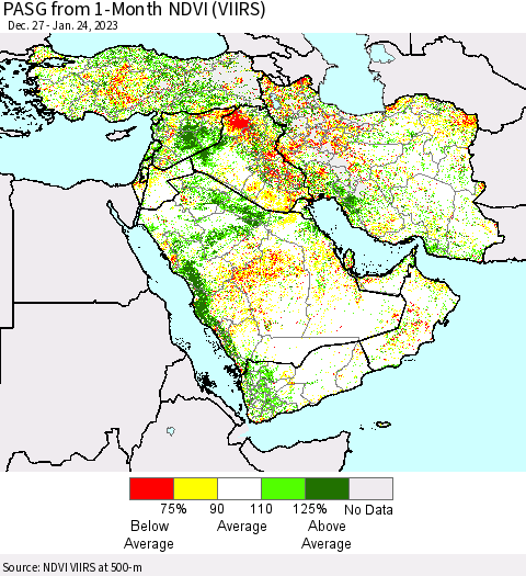 Middle East and Turkey PASG from 1-Month NDVI (VIIRS) Thematic Map For 1/17/2023 - 1/24/2023