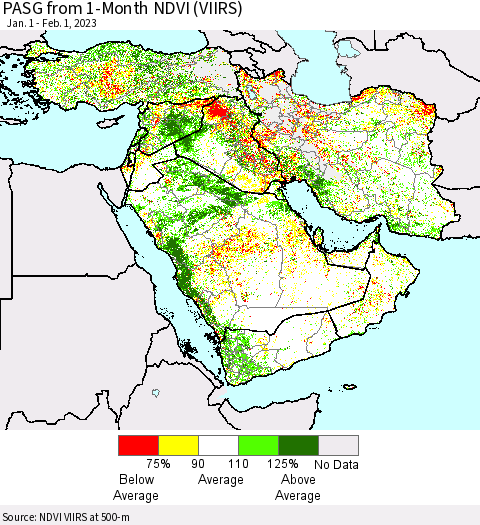 Middle East and Turkey PASG from 1-Month NDVI (VIIRS) Thematic Map For 1/25/2023 - 2/1/2023
