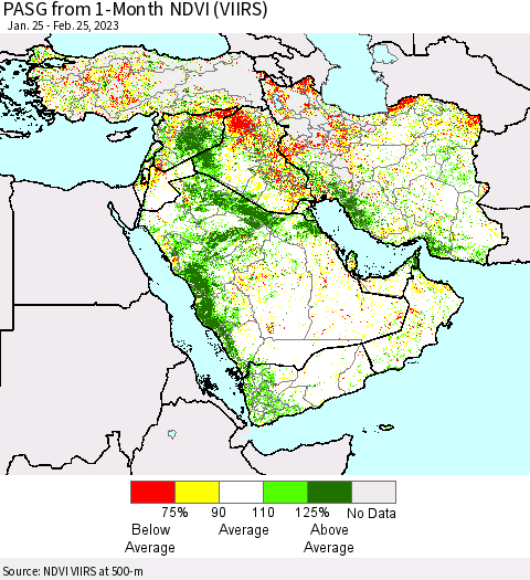 Middle East and Turkey PASG from 1-Month NDVI (VIIRS) Thematic Map For 2/18/2023 - 2/25/2023