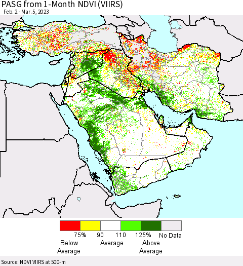 Middle East and Turkey PASG from 1-Month NDVI (VIIRS) Thematic Map For 2/26/2023 - 3/5/2023