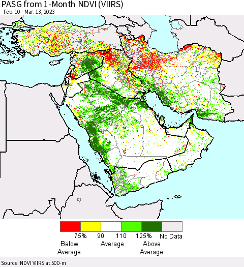 Middle East and Turkey PASG from 1-Month NDVI (VIIRS) Thematic Map For 3/6/2023 - 3/13/2023