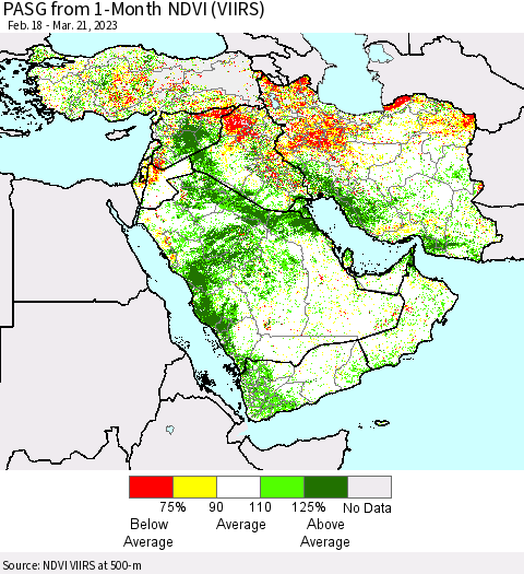 Middle East and Turkey PASG from 1-Month NDVI (VIIRS) Thematic Map For 3/14/2023 - 3/21/2023