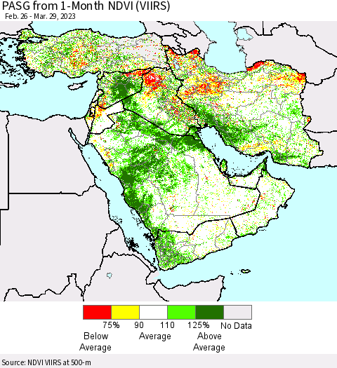 Middle East and Turkey PASG from 1-Month NDVI (VIIRS) Thematic Map For 3/22/2023 - 3/29/2023