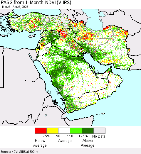 Middle East and Turkey PASG from 1-Month NDVI (VIIRS) Thematic Map For 3/30/2023 - 4/6/2023