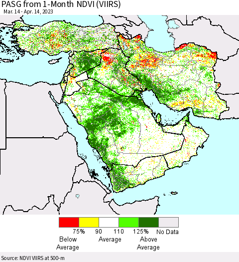 Middle East and Turkey PASG from 1-Month NDVI (VIIRS) Thematic Map For 4/7/2023 - 4/14/2023