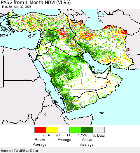 Middle East and Turkey PASG from 1-Month NDVI (VIIRS) Thematic Map For 4/23/2023 - 4/30/2023