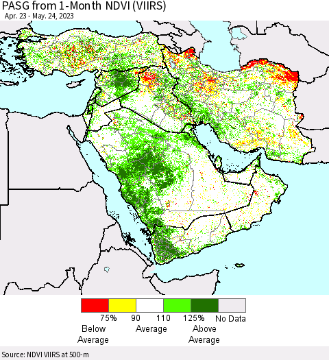 Middle East and Turkey PASG from 1-Month NDVI (VIIRS) Thematic Map For 5/17/2023 - 5/24/2023