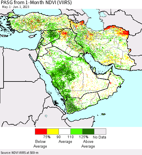 Middle East and Turkey PASG from 1-Month NDVI (VIIRS) Thematic Map For 5/25/2023 - 6/1/2023