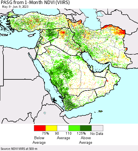 Middle East and Turkey PASG from 1-Month NDVI (VIIRS) Thematic Map For 6/2/2023 - 6/9/2023