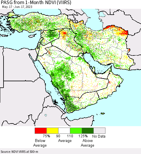 Middle East and Turkey PASG from 1-Month NDVI (VIIRS) Thematic Map For 6/10/2023 - 6/17/2023