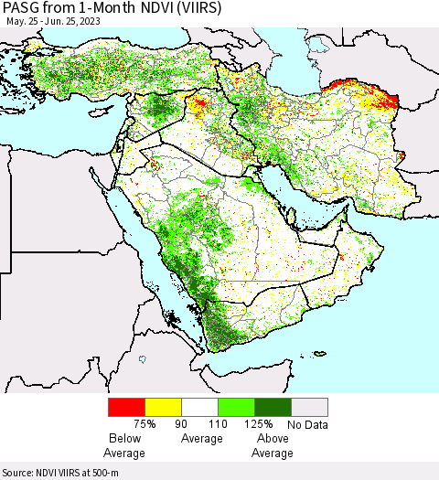 Middle East and Turkey PASG from 1-Month NDVI (VIIRS) Thematic Map For 6/18/2023 - 6/25/2023
