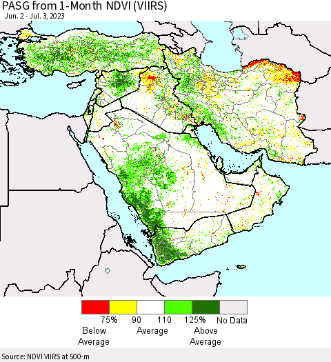 Middle East and Turkey PASG from 1-Month NDVI (VIIRS) Thematic Map For 6/26/2023 - 7/3/2023