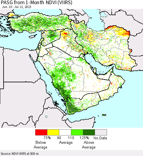 Middle East and Turkey PASG from 1-Month NDVI (VIIRS) Thematic Map For 7/4/2023 - 7/11/2023