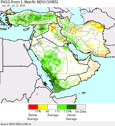 Middle East and Turkey PASG from 1-Month NDVI (VIIRS) Thematic Map For 7/20/2023 - 7/27/2023