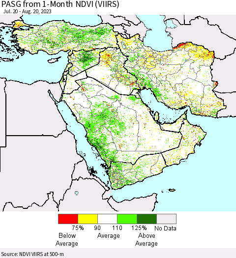 Middle East and Turkey PASG from 1-Month NDVI (VIIRS) Thematic Map For 8/13/2023 - 8/20/2023