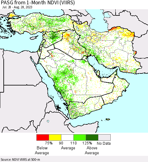 Middle East and Turkey PASG from 1-Month NDVI (VIIRS) Thematic Map For 8/21/2023 - 8/28/2023