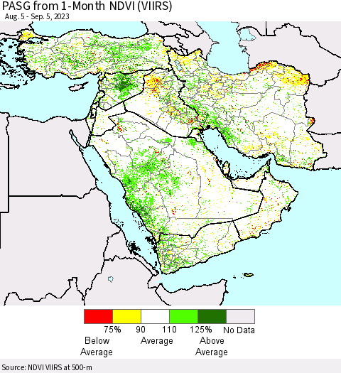 Middle East and Turkey PASG from 1-Month NDVI (VIIRS) Thematic Map For 8/29/2023 - 9/5/2023