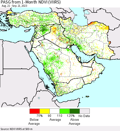 Middle East and Turkey PASG from 1-Month NDVI (VIIRS) Thematic Map For 9/14/2023 - 9/21/2023