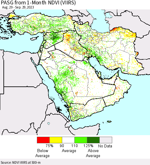 Middle East and Turkey PASG from 1-Month NDVI (VIIRS) Thematic Map For 9/22/2023 - 9/29/2023