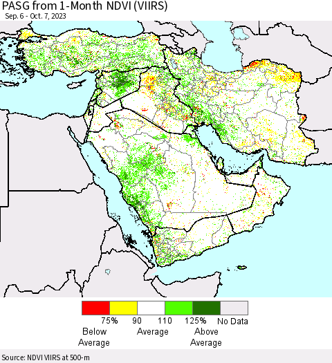 Middle East and Turkey PASG from 1-Month NDVI (VIIRS) Thematic Map For 9/30/2023 - 10/7/2023