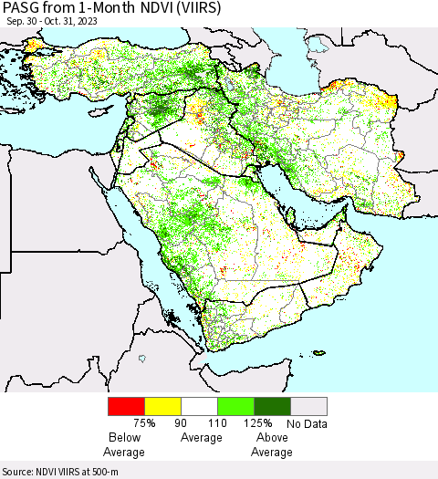 Middle East and Turkey PASG from 1-Month NDVI (VIIRS) Thematic Map For 10/24/2023 - 10/31/2023