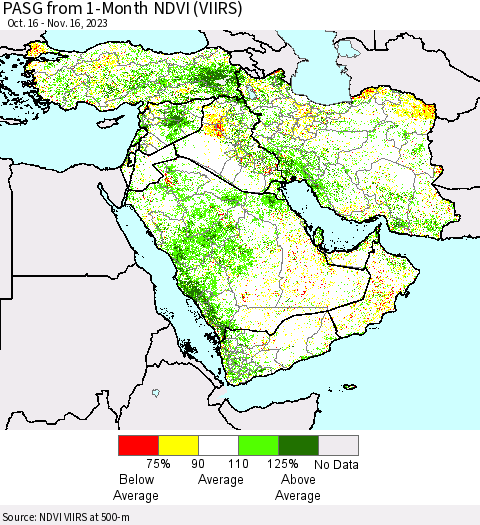 Middle East and Turkey PASG from 1-Month NDVI (VIIRS) Thematic Map For 11/9/2023 - 11/16/2023
