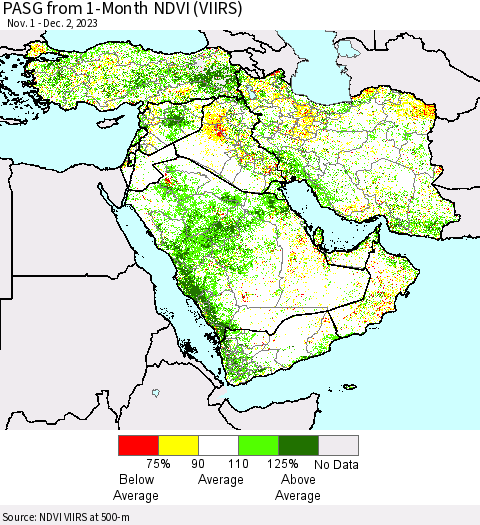 Middle East and Turkey PASG from 1-Month NDVI (VIIRS) Thematic Map For 11/25/2023 - 12/2/2023