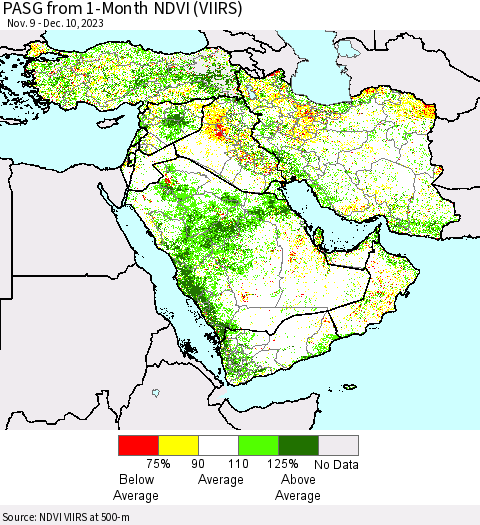 Middle East and Turkey PASG from 1-Month NDVI (VIIRS) Thematic Map For 12/3/2023 - 12/10/2023