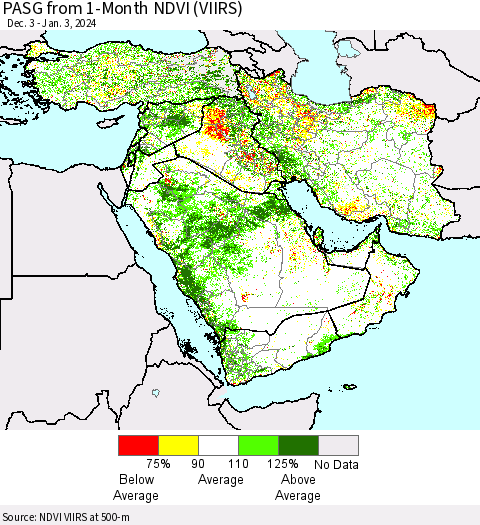 Middle East and Turkey PASG from 1-Month NDVI (VIIRS) Thematic Map For 12/27/2023 - 1/3/2024