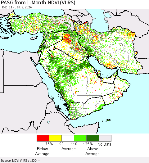 Middle East and Turkey PASG from 1-Month NDVI (VIIRS) Thematic Map For 1/1/2024 - 1/8/2024